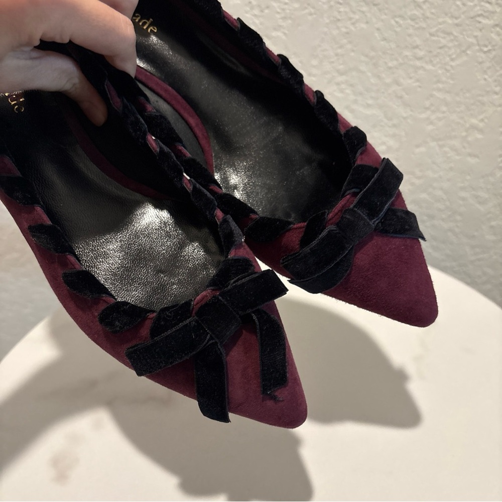 kate spade Burgundy Suede Pointed-Toe Flats with Black Ribbon Trim - Picture 4 of 12